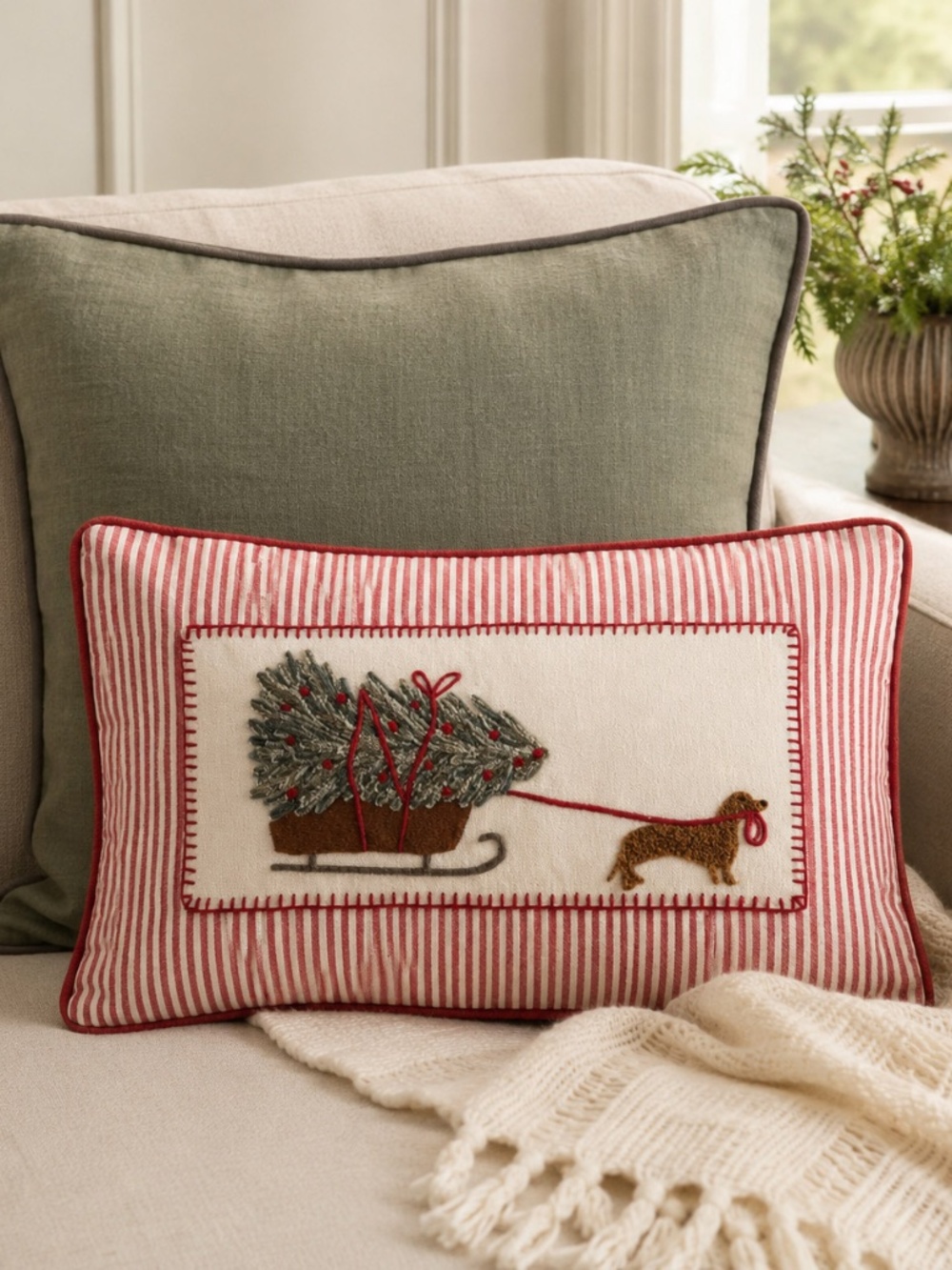 Christmas Tree Holiday Dachshund Lumbar Pillow Cover 20" x 12" Sled Red Stripes